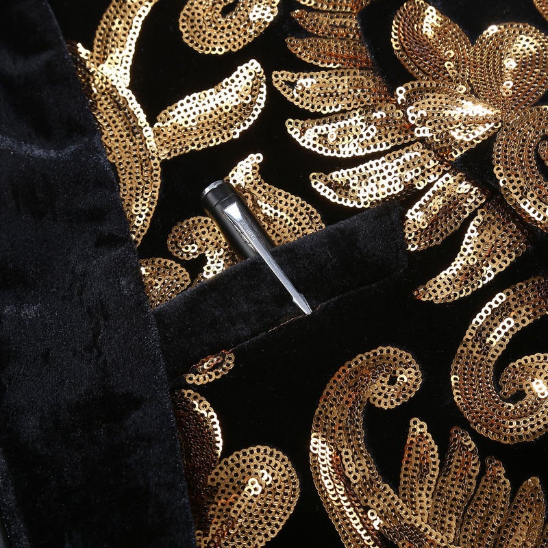 PYJTRL Men Fashion Velvet Sequins Floral Pattern Suit Jacket Blazer (Black Flat Collar, S) - Image 3